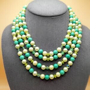 Vintage Green White Bead Necklace, Four Strands, AB Crystal Aspirin Beads, 16 In